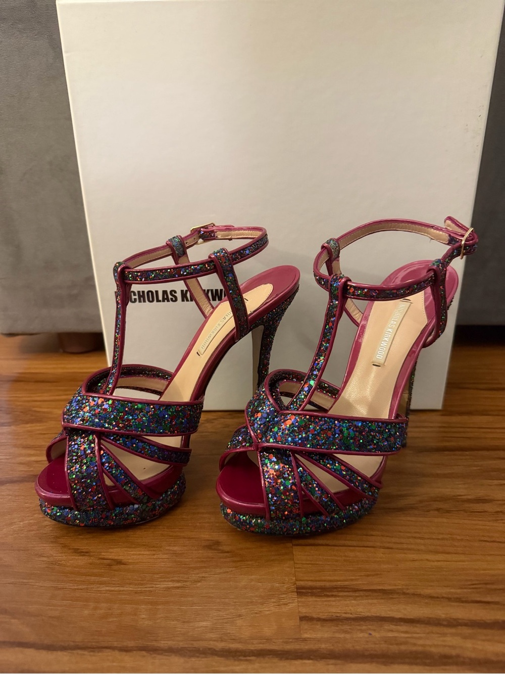 Nicholas Kirkwood purple Pink blue Multi-Glitter T-Strap Platform Heels sz 7